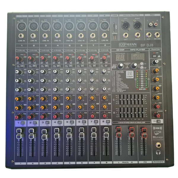 Bofmann BF-DJ8 8 Kanallı 2x350 Watt 99 DSP Efektli Bluetooth Ve USB Özellikli Amfili Mikser