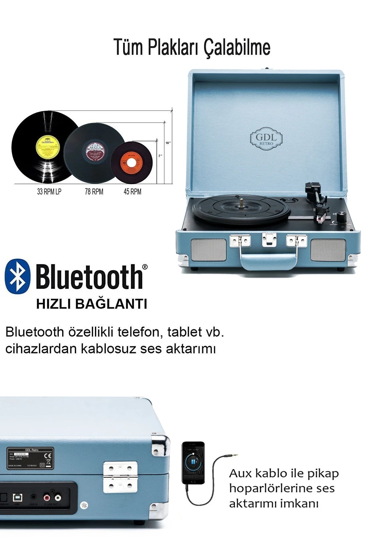 Gdl Retro Çanta Pikap T317B (Bluetooth Şarjlı) - Gökyüzü