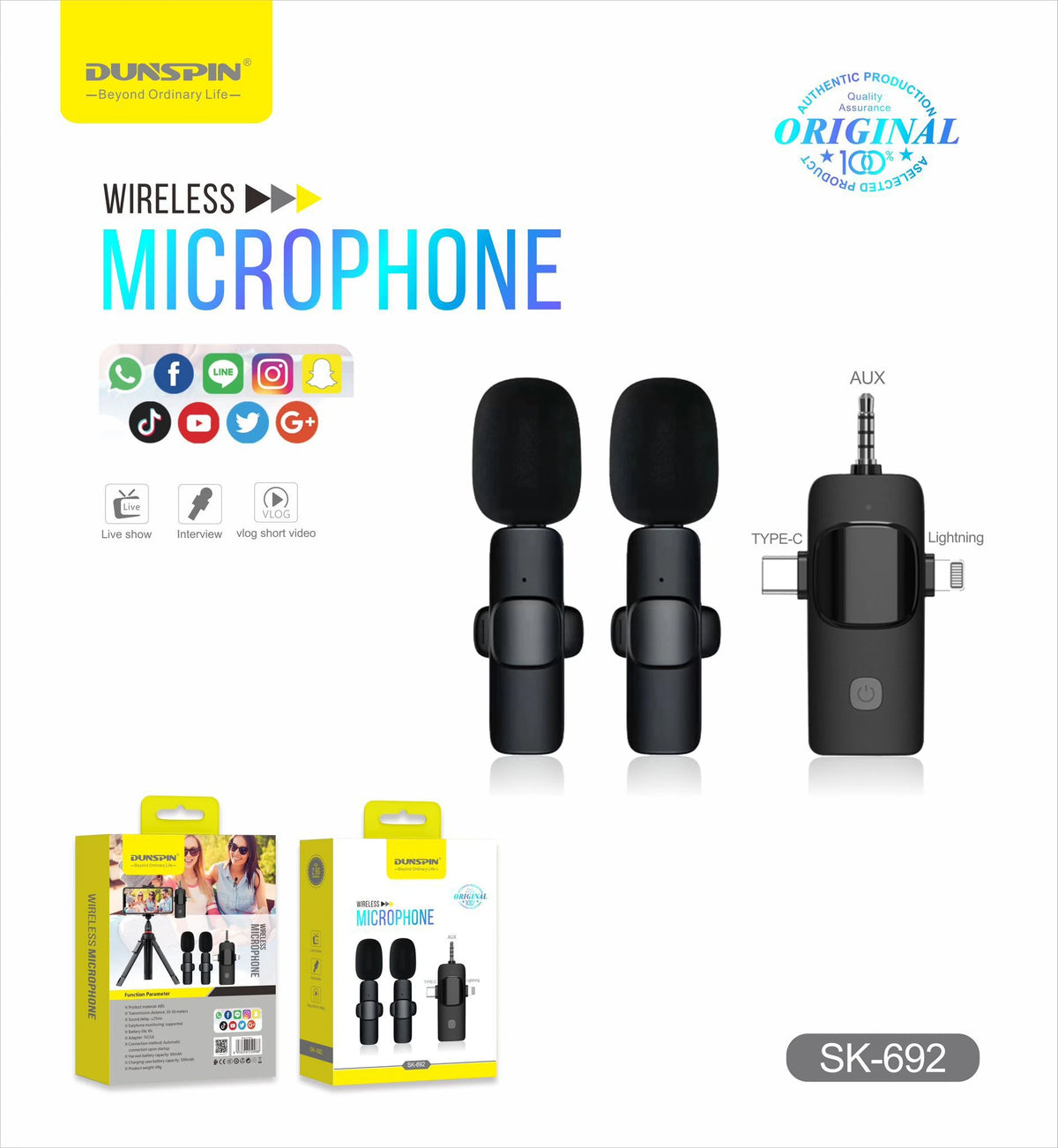 Dunspin SK-692 Wireless Lavalier Microphone for Android and iPhone Mobile Phones Podcast
