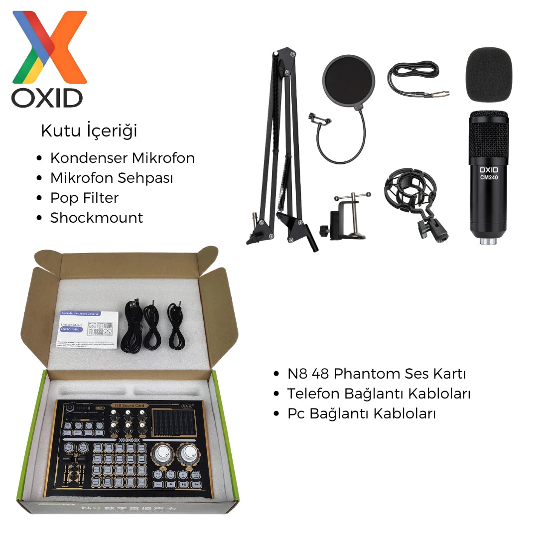 Oxid N8 ve 48V Phantom Podcast Youtuber Ses Kartı Seti