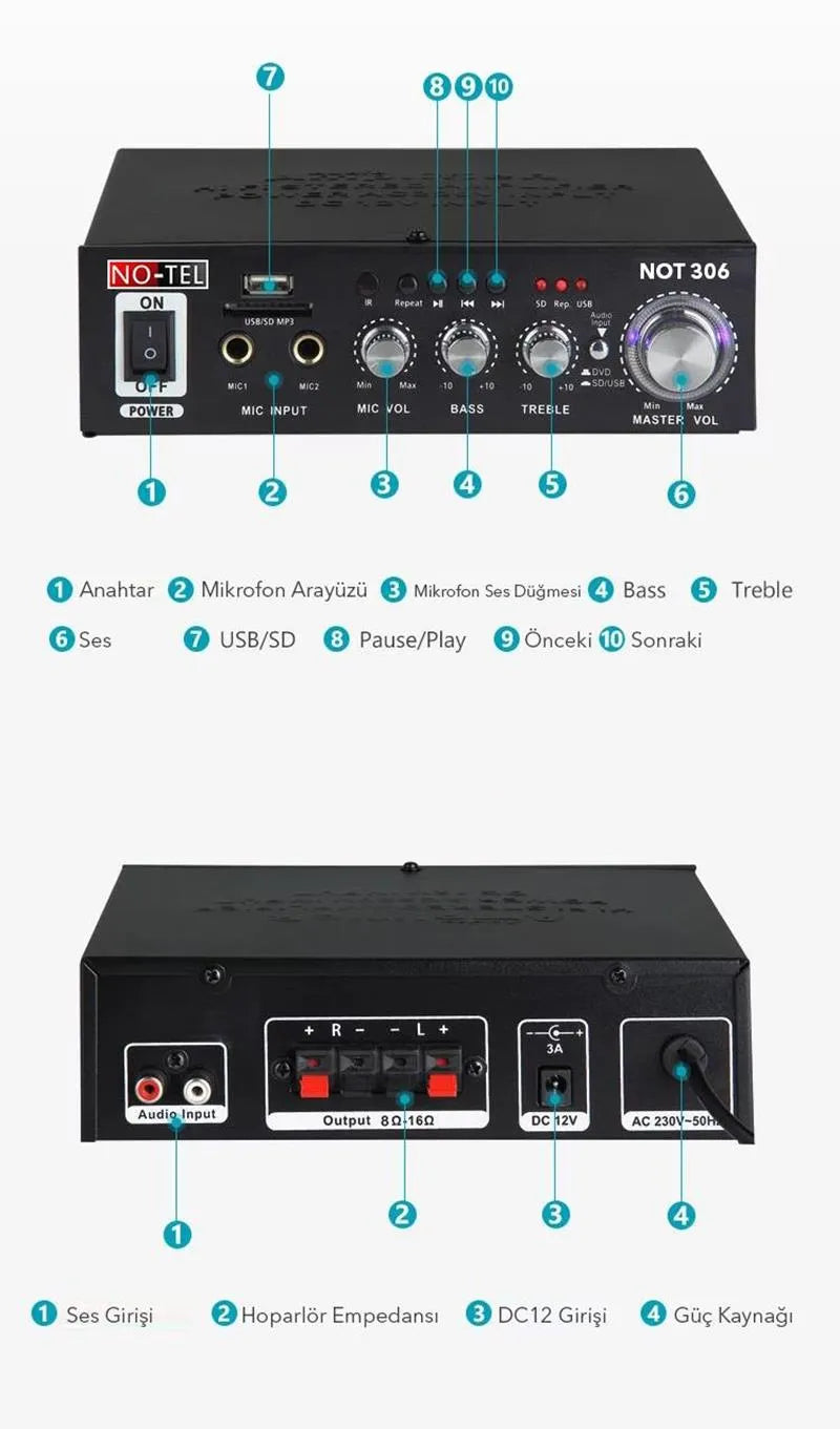Notel NOT 306 Bluetooth Özellikli Stereo Mini Amplifikatör