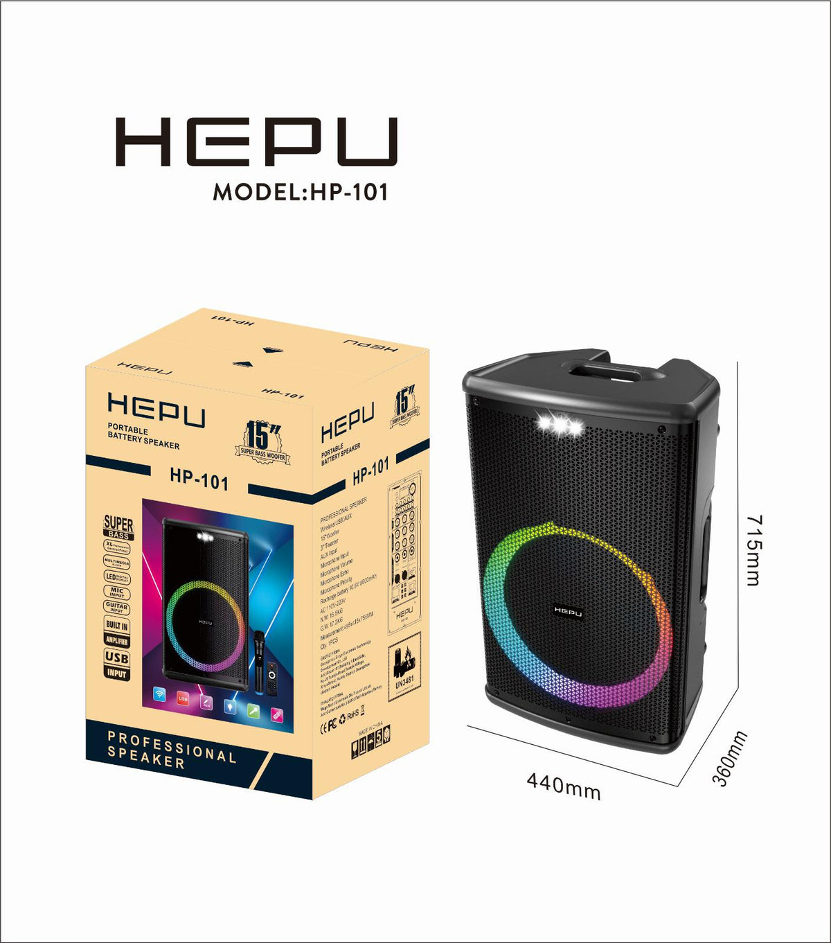 HEPU HP-101 15 İnç Profesyonel Bluetooth Hoparlör – RGB Işıklı, Kablosuz Mikrofonlu