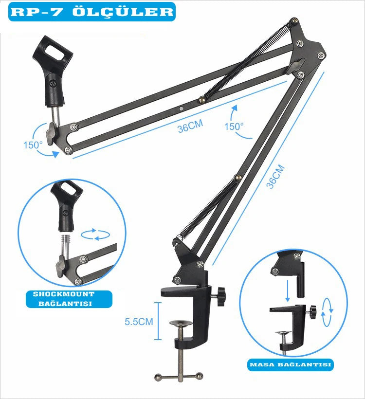Rp-7 36Cm Podcast Akrobat Masa Monteli Mic Stand
