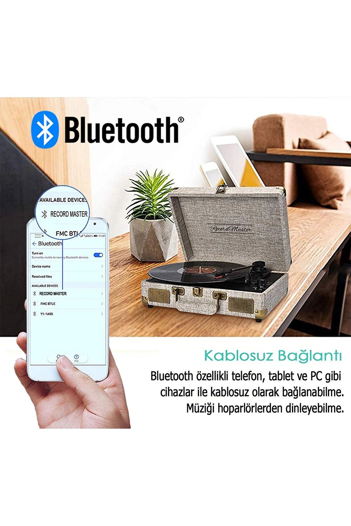 Record Master Retro Pikap – Bluetooth Özellikli – Özel Kumaş Kaplama – Tüm Plakları Çalabilme