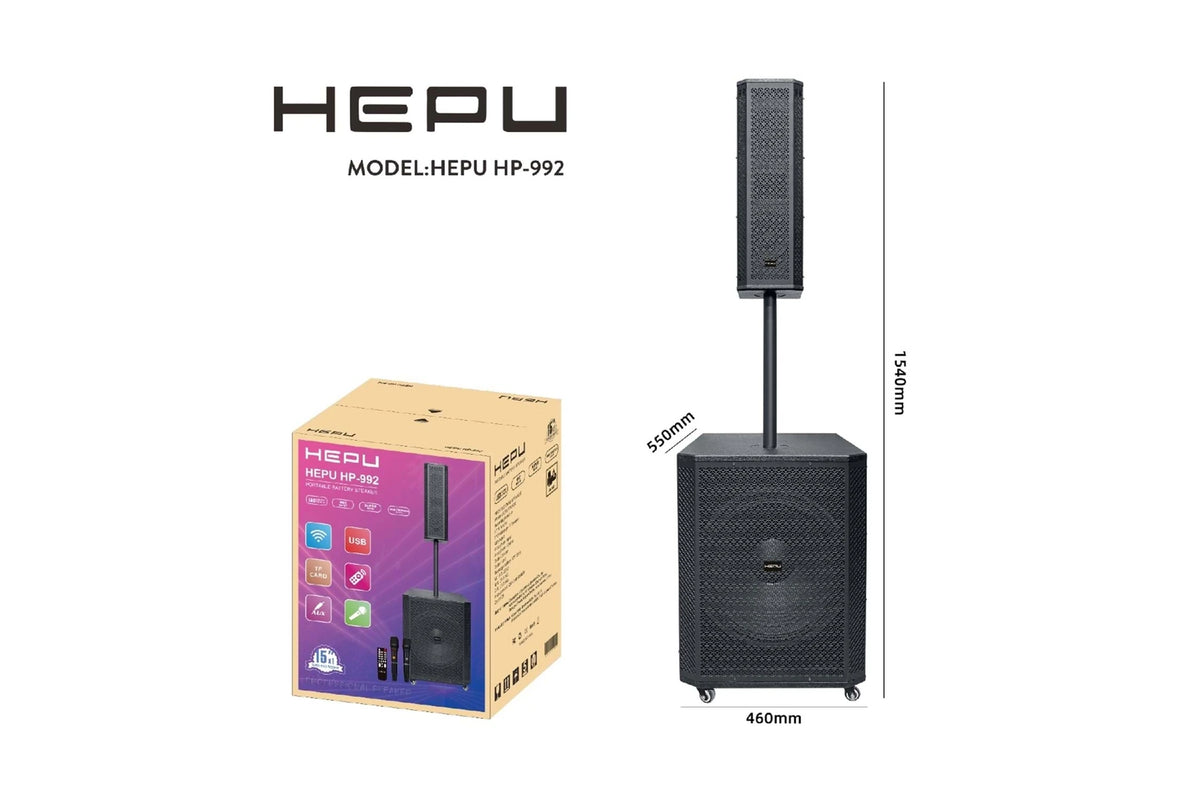 HEPU HP-992 15 İnç 550W Profesyonel Taşınabilir Ses Sistemi – Kablosuz Mikrofonlu