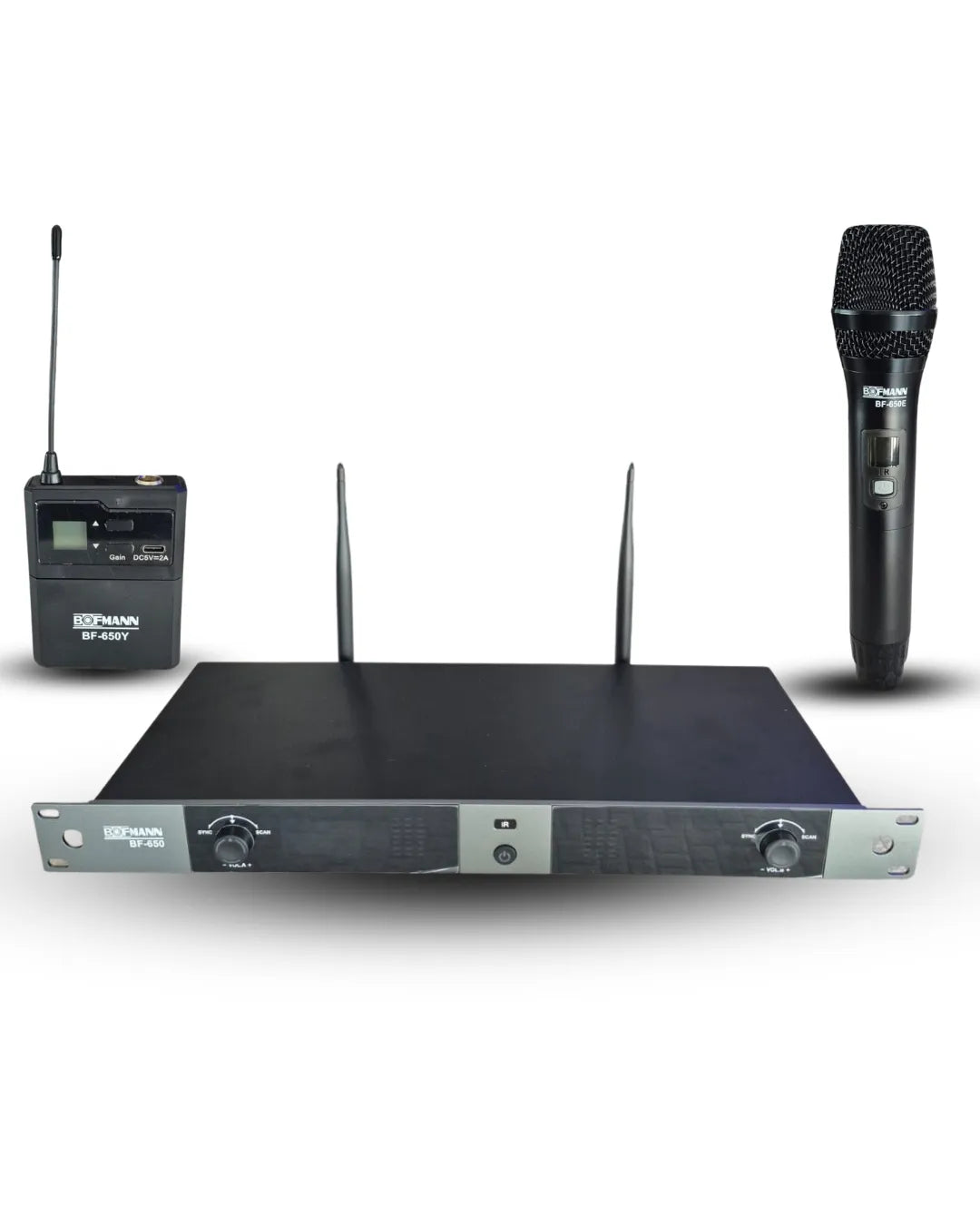 Bofmann BF-650EY UHF 2x100 Kanal El Ve Yaka Kablosuz Mikrofon Seti Baş Tipi Mikrofon Dahil