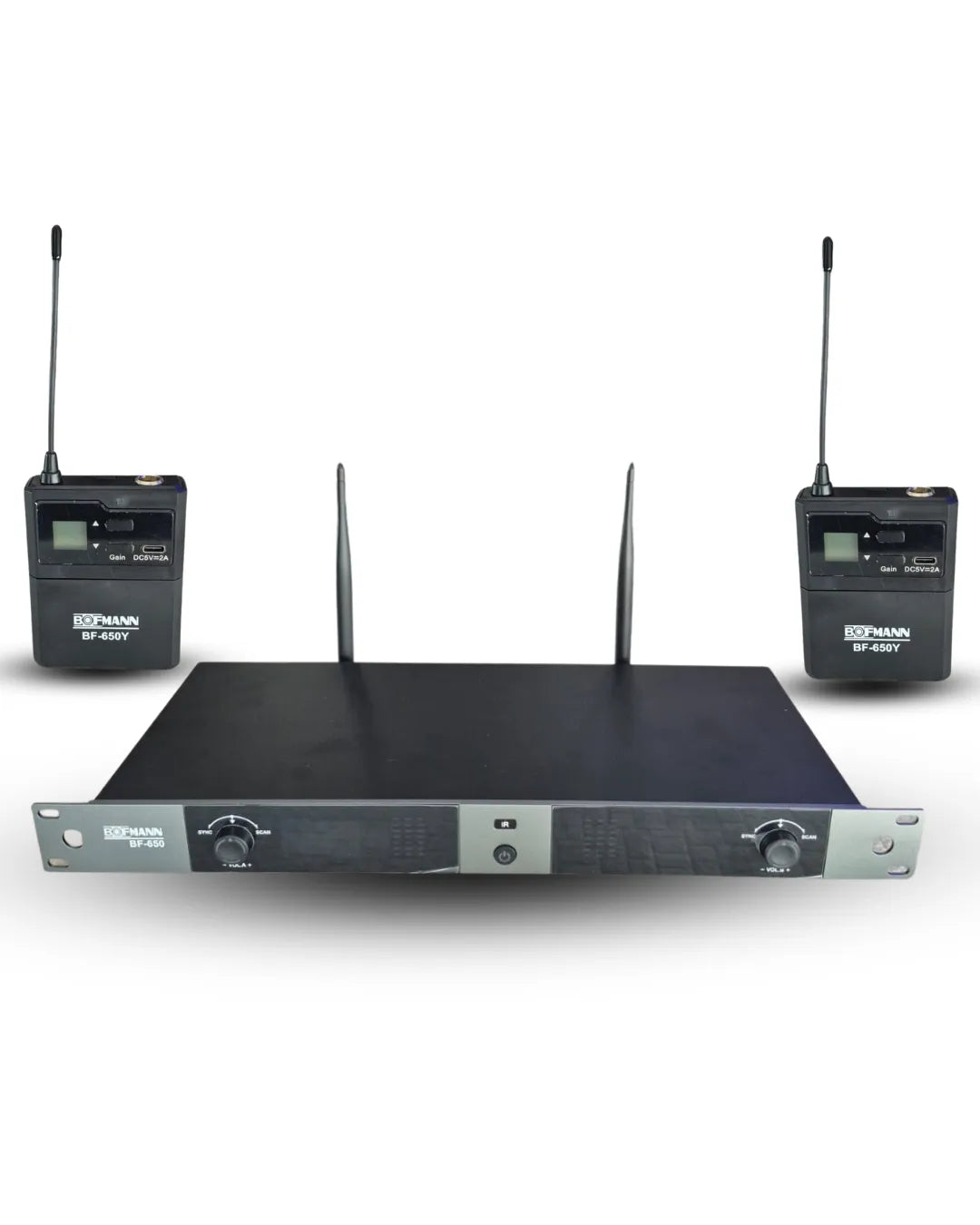 Bofmann BF-650YY UHF 2x100 Kanal Çift Yaka Kablosuz Mikrofon Seti Baş Tipi Mikrofon Dahil
