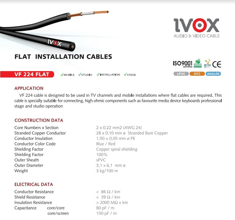 Ivox VF-224 Twin Flat 2x0.22 mm² stereo kablo